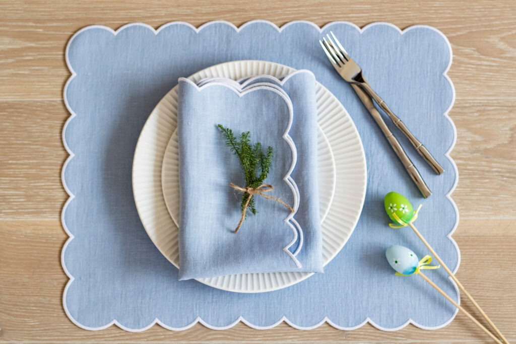 NapkinsWorld Baby Blue Linen Tablemats with Scallop Edge