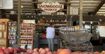 Welcome sign for Snow Goose Produce farmstand in the Seattle area